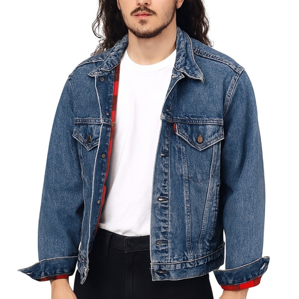 LEVIS VINTAGE 90s Buffalo Plaid‎ Lined Denim Trucker Jacket Size 38